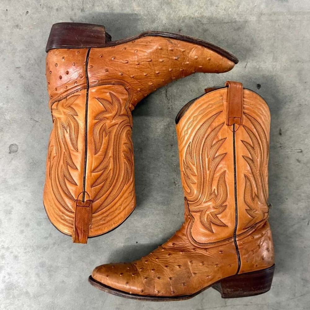 Vintage Tan Full Quill Ostrich Leather Western Cowboy Boots 9.5